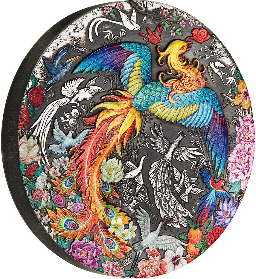 Tuvalu 2023 $5 Phoenix & Birds 5oz .9999 Antiqued Coloured Silver Reverse and Rim