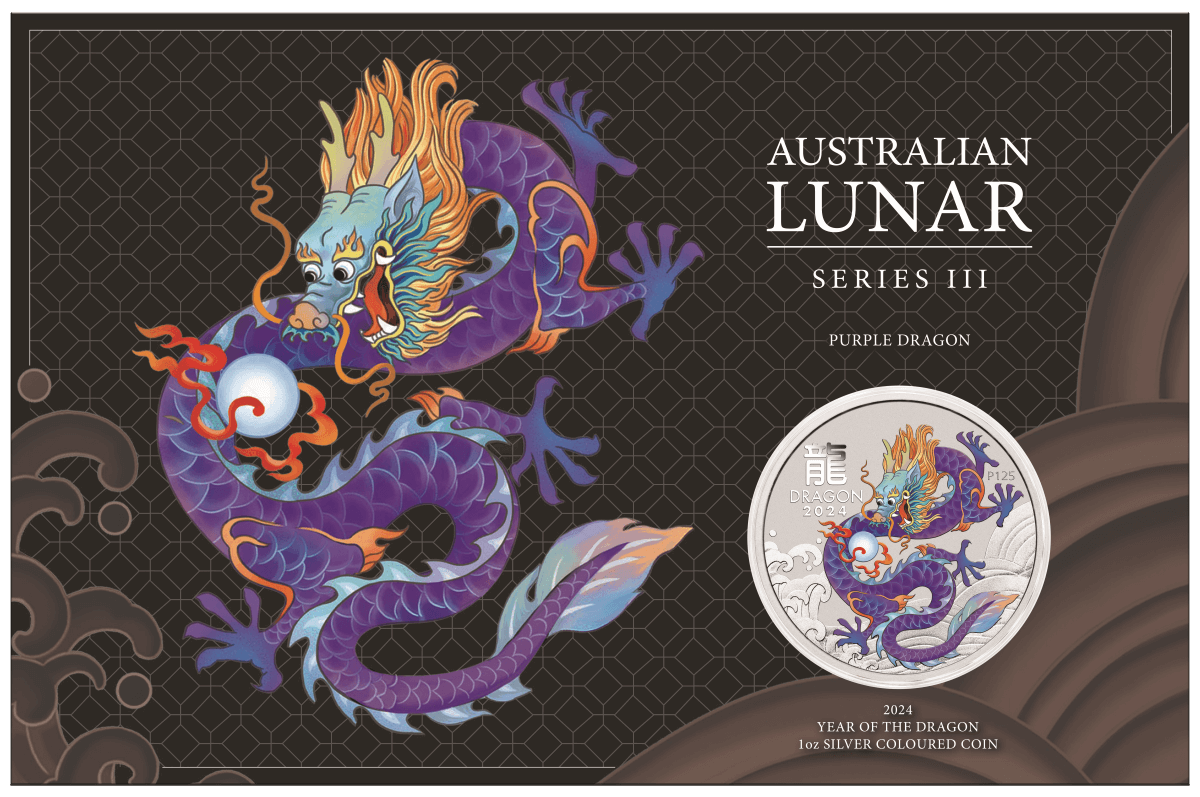 Australia 2024 Lunar Series III $1 Year of the Dragon Purple 1oz .9999 Silver Coin in Card Perth Mint
