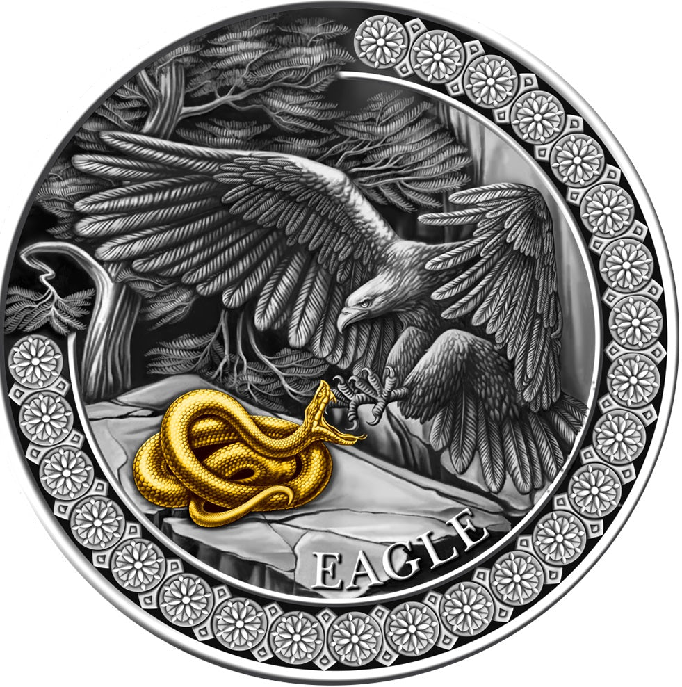 Ghana 2023 10 Cedis Eagle Hunting in the Wild 2 oz Antique Gilded Silver Coin 500 made