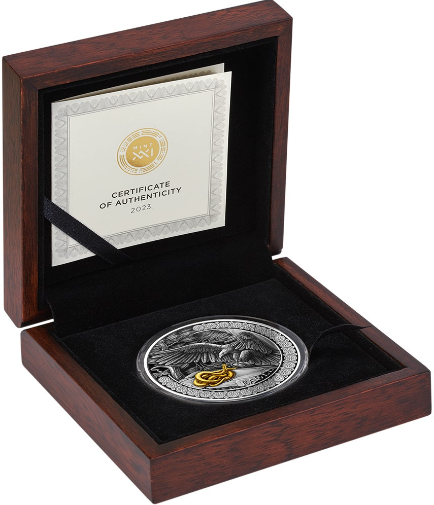 Ghana 2023 10 Cedis Eagle Hunting in the Wild 2 oz Antique Gilded Silver Coin 500 made