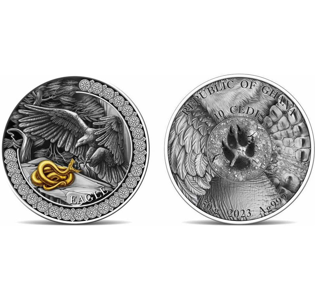 Ghana 2023 10 Cedis Eagle Hunting in the Wild 2 oz Antique Gilded Silver Coin 500 made