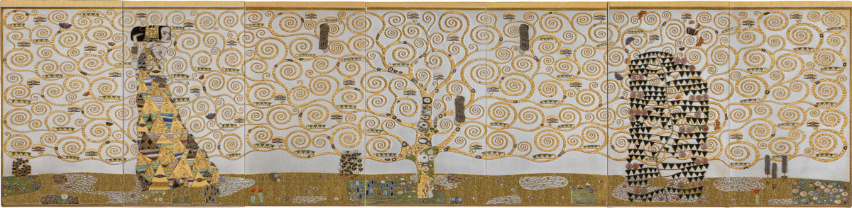 A wide, narrow artwork showing a stylized figure in a flowing patterned dress beside a tree, rendered in a decorative, almost gold-toned expressionist style. The scene fills the frame and appears to be the product itself rather than a photo of a physical object in a room.