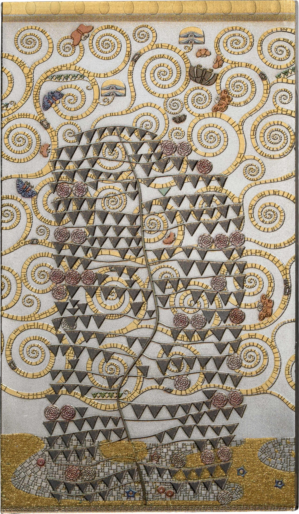 A square textile or rug featuring a detailed mosaic-style illustration of a tree of life, surrounded by swirling spiral patterns and small decorative motifs in gold, gray, brown, and muted red tones.