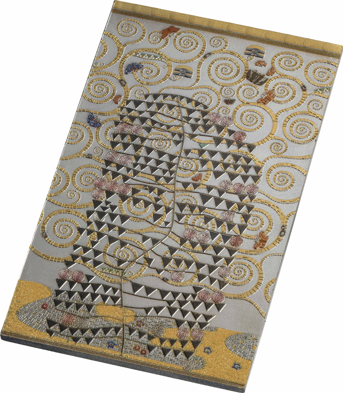A rectangular mosaic tile panel featuring an abstract design with concentric spiral patterns, geometric triangles, and small floral accents in gold, gray, beige, and muted pink on a white background.