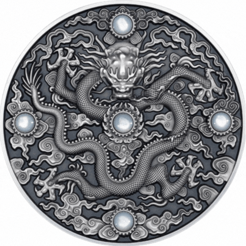 Niue 2023 $5 Chinese Dragon Art 2oz Antique Silver High Relief Coin with Jasper Stones 200 Minted