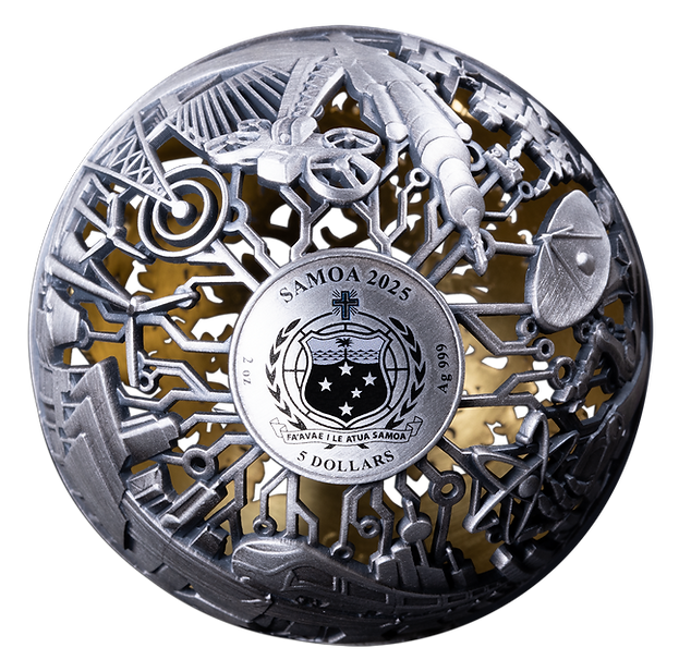 Samoa 2025 $5 NATURE AND TECHNOLOGY 2 Oz .999 Antiqued Silver Filigree Spherical Coin