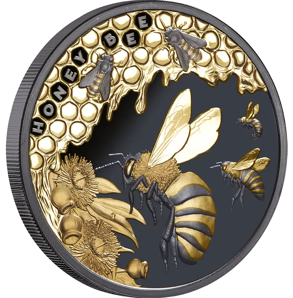 Niue 2025 $1 Honey Bee 1oz Silver Gilded Black Proof Coin Reverse angled