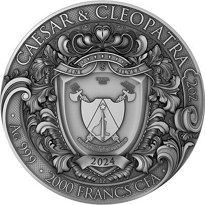 Cameroon 2024 2000 Francs CAESAR & CLEOPATRA - The Power of Love - with Ruby Insert 2oz .999 Silver