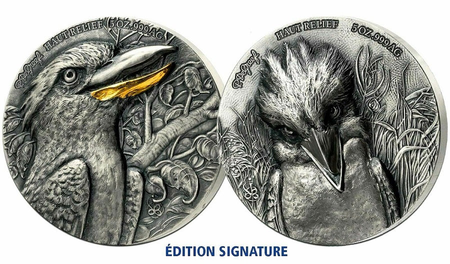 Ivory Coast 2022 5000 Francs CFA Signature Edition Kookaburra 2 x 5oz .999 Antique Silver Set