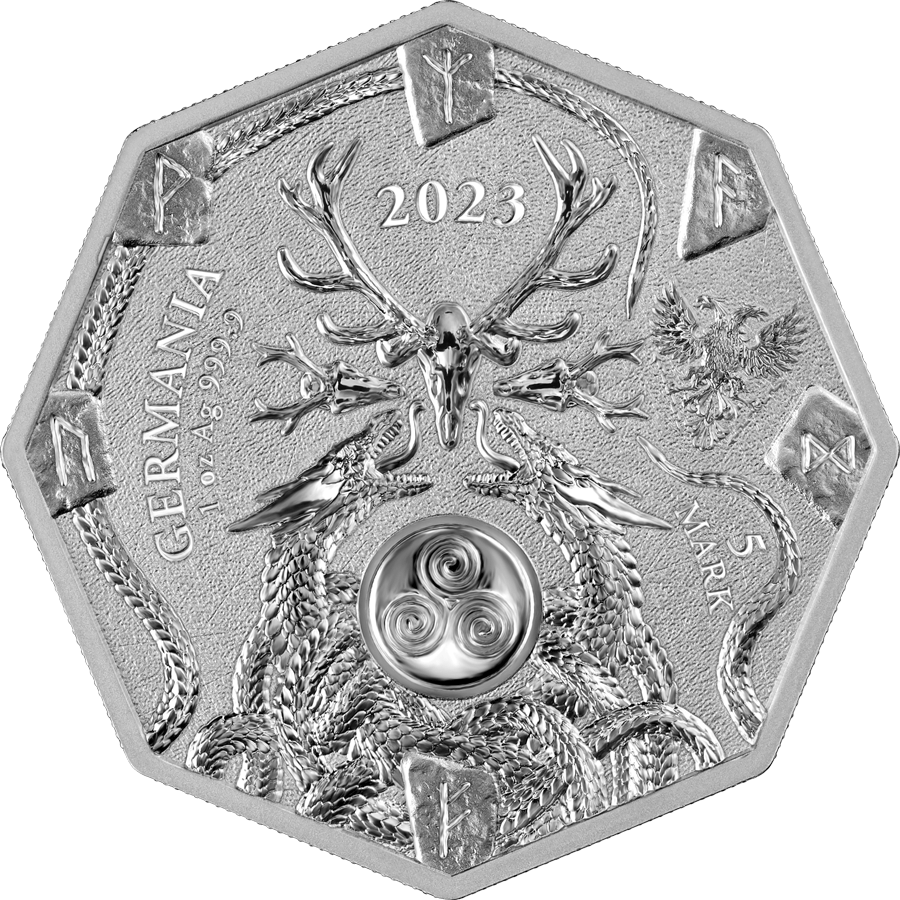 Germania 2023 5 Mark Witchcraft Seeress 1oz Silver BU Octagonal Coin Obverse