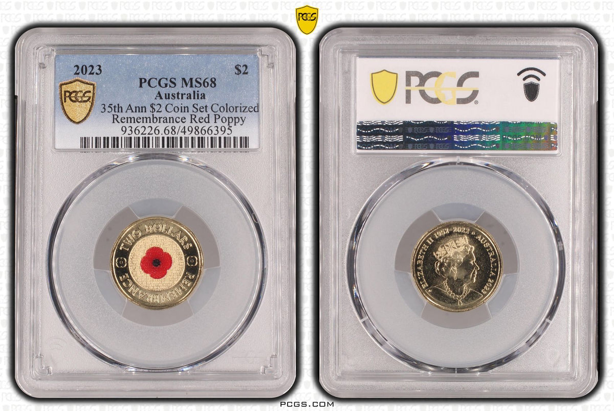 Australia 2023 $2 REMEMBRANCE 35th Anniversary Red Poppy Colorised PCGS MS68