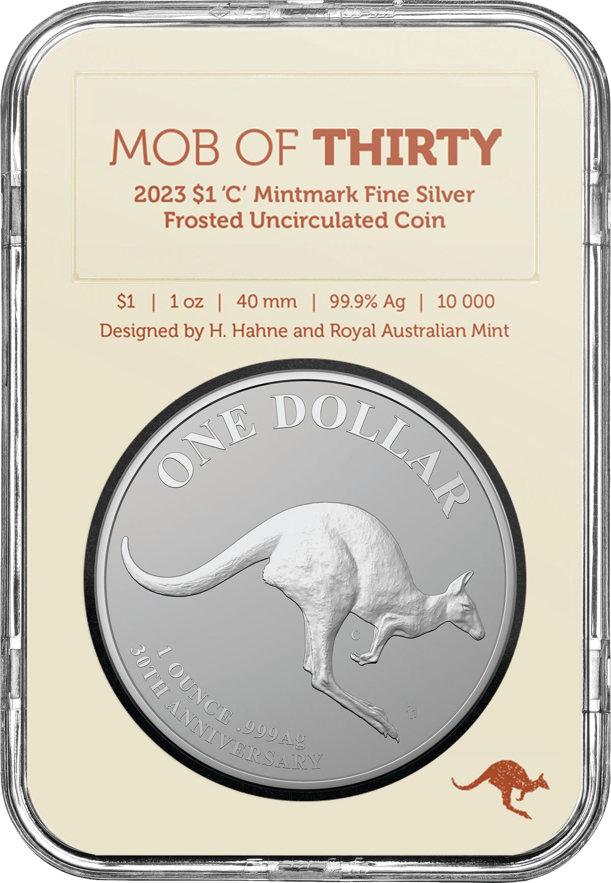 Australia 2023 $1 Kangaroo Series 30th Anniversary Mob of Thirty C Mintmark 1oz Fines Silver Frosted