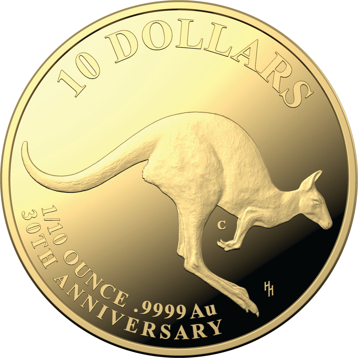 A gold-colored coin with an image of a kangaroo and text indicating it is a 10 dollar coin, 9999 AU, and celebrates the 30th Anniversary of the Kangaroo Series.