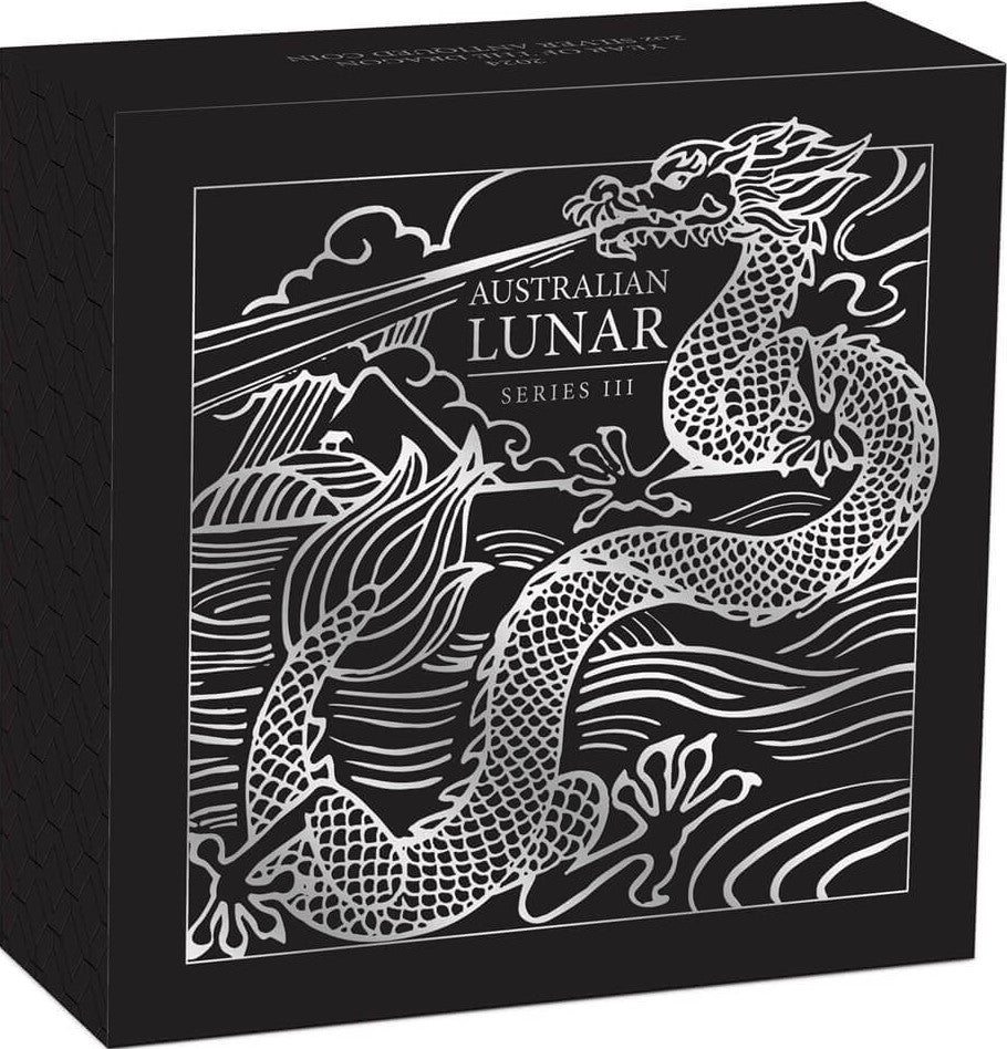 Australia 2024 $2 Lunar Series III Year of the Dragon 2 oz .9999 Silver Antiqued Coin Perth Mint