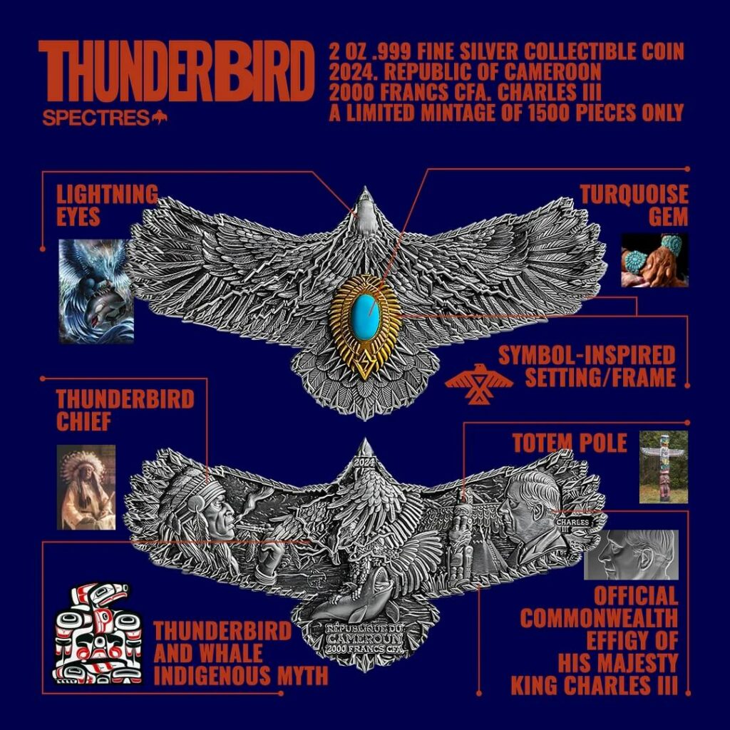 Cameroon 2024 2000 Francs CFA Thunderbird 2 oz .999 Silver Ultra High Relief Antiqued Coin