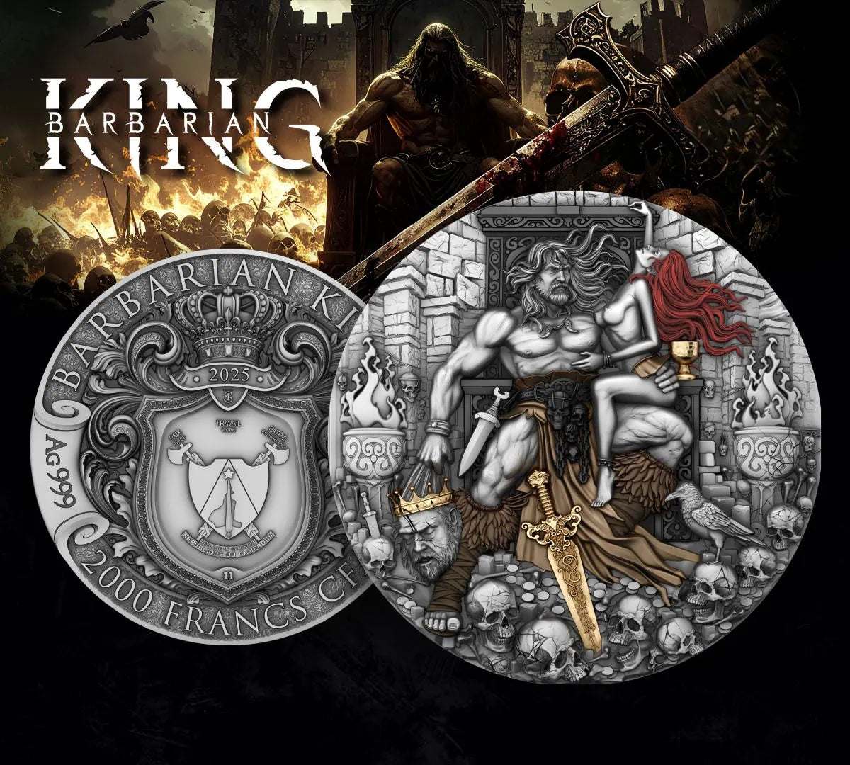 PRE-ORDER Cameroon 2025 2000 Francs BARBARIAN KING 2 oz .999 Silver Antiqued Colorized Gilded Coin