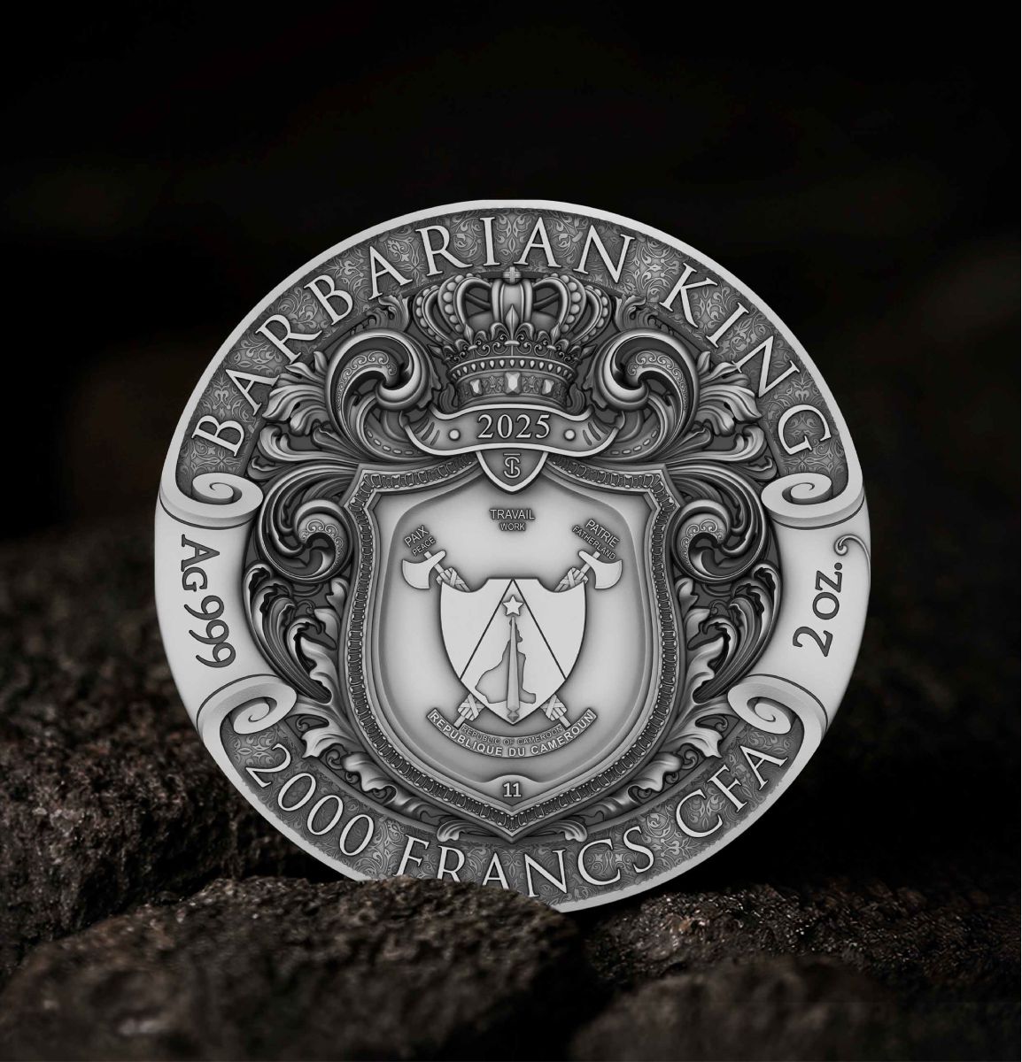 PRE-ORDER Cameroon 2025 2000 Francs BARBARIAN KING 2 oz .999 Silver Antiqued Colorized Gilded Coin