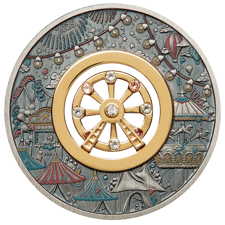 Tuvalu 2025 $2 FERRIS WHEEL 2 oz .9999 Silver Antiqued Colorized Coin with Crystal Inserts