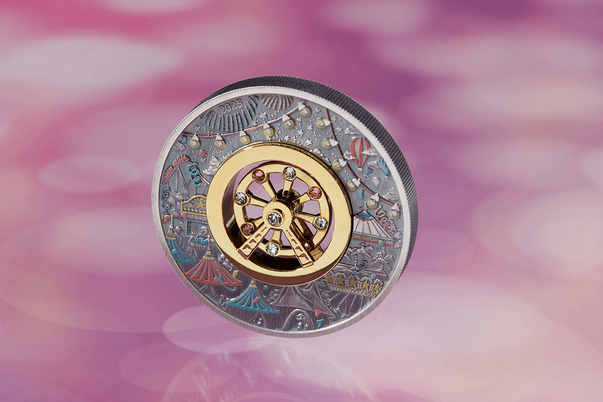 Tuvalu 2025 $2 FERRIS WHEEL 2 oz .9999 Silver Antiqued Colorized Coin with Crystal Inserts