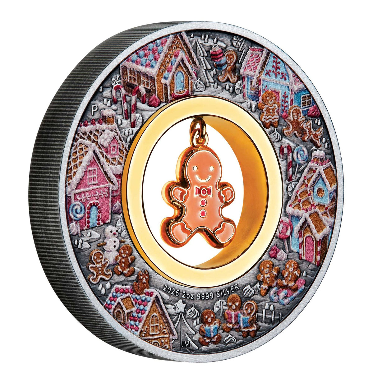 Australia 2026 Gingerbread Christmas silver coin, featuring a coloured gingerbread village and dangling enamelled gingerbread man in its open centre.