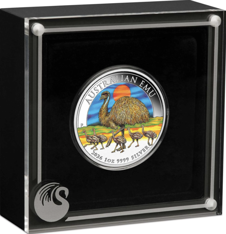 Silver coin featuring an emu design in a black display case
