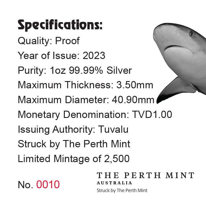 Tuvalu 2023 $1 Deadly & Dangerous Tiger Shark 1oz .9999 Silver Proof Coin Perth Mint