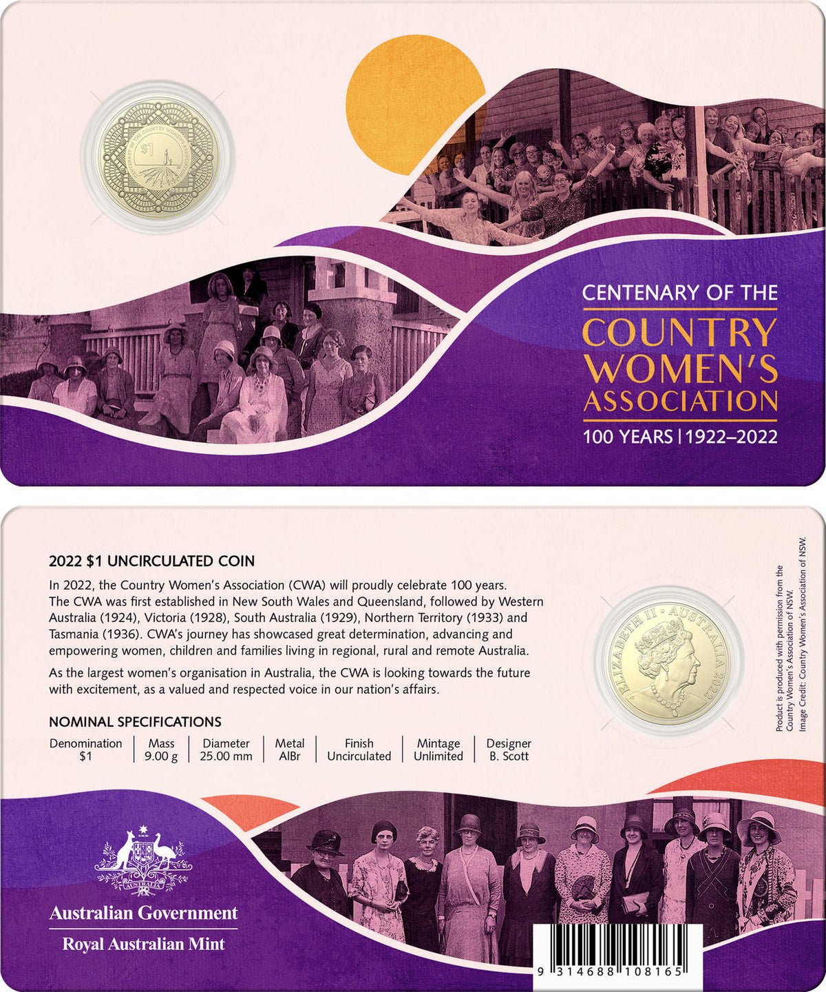 Australia 2022 $1 Centenary of the Country Women’s Association Uncirculated Coin Carded
