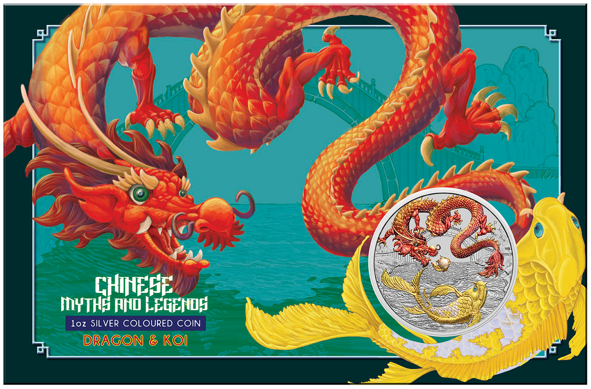 Australia 2023 $1 Myths and Legends Series Red Dragon and Koi 1oz 99.99% Silver Coloured Coin in Card Perth Mint