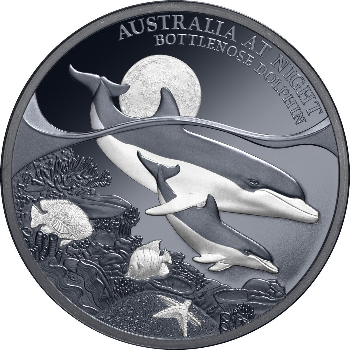 Australia at Night Bottlenose Dolphin 2025 $1 1oz Silver Black Proof Coin