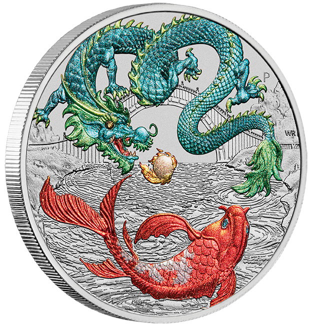 Australia 2023 $1 Myths and Legends Series Green Dragon and Koi 1oz 99.99% Silver Coloured Coin in Card Perth Mint