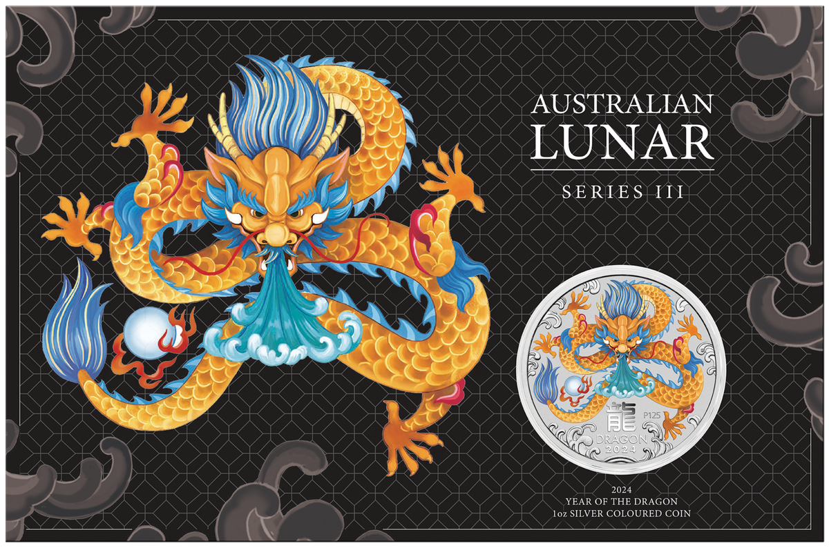 Australia Lunar Series III 2024 $1 Year of the Coloured Dragon 1oz .9999 Silver Coin in Card Perth Mint