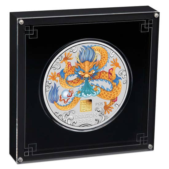 2024 Year Of The Dragon 1 Kilo Silver Coloured Coin With Gold Privy Mark in Display Case