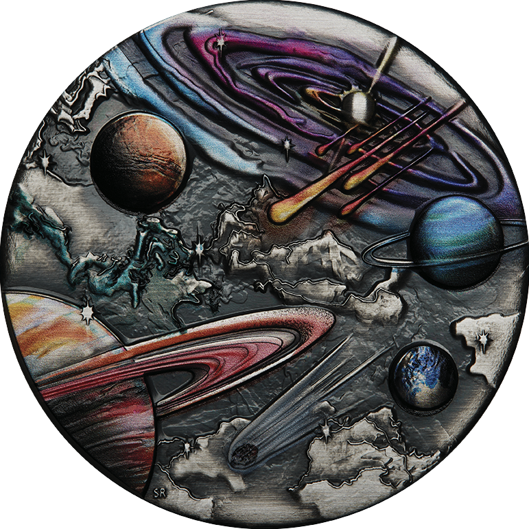 Tuvalu 2024 $5 Universe Starry Sky and Planets 5oz .9999 Antiqued Silver Coloured Coin