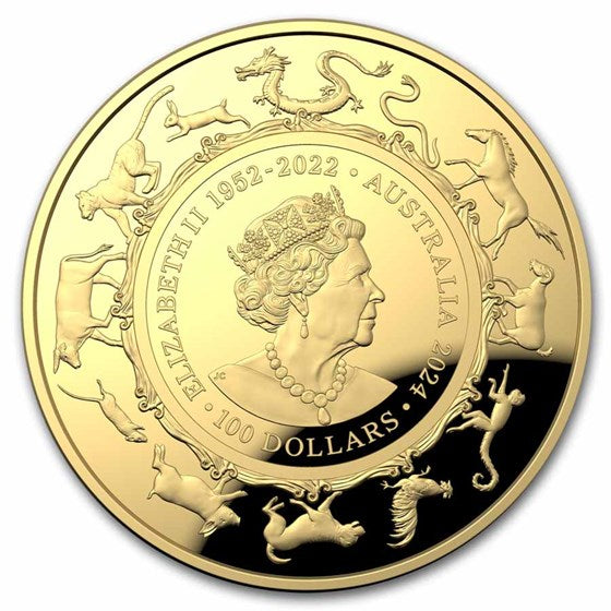 Australia 2024 $100 Lunar Dragon 1 Oz .9999 Gold Domed Proof Coin Royal Australian Mint