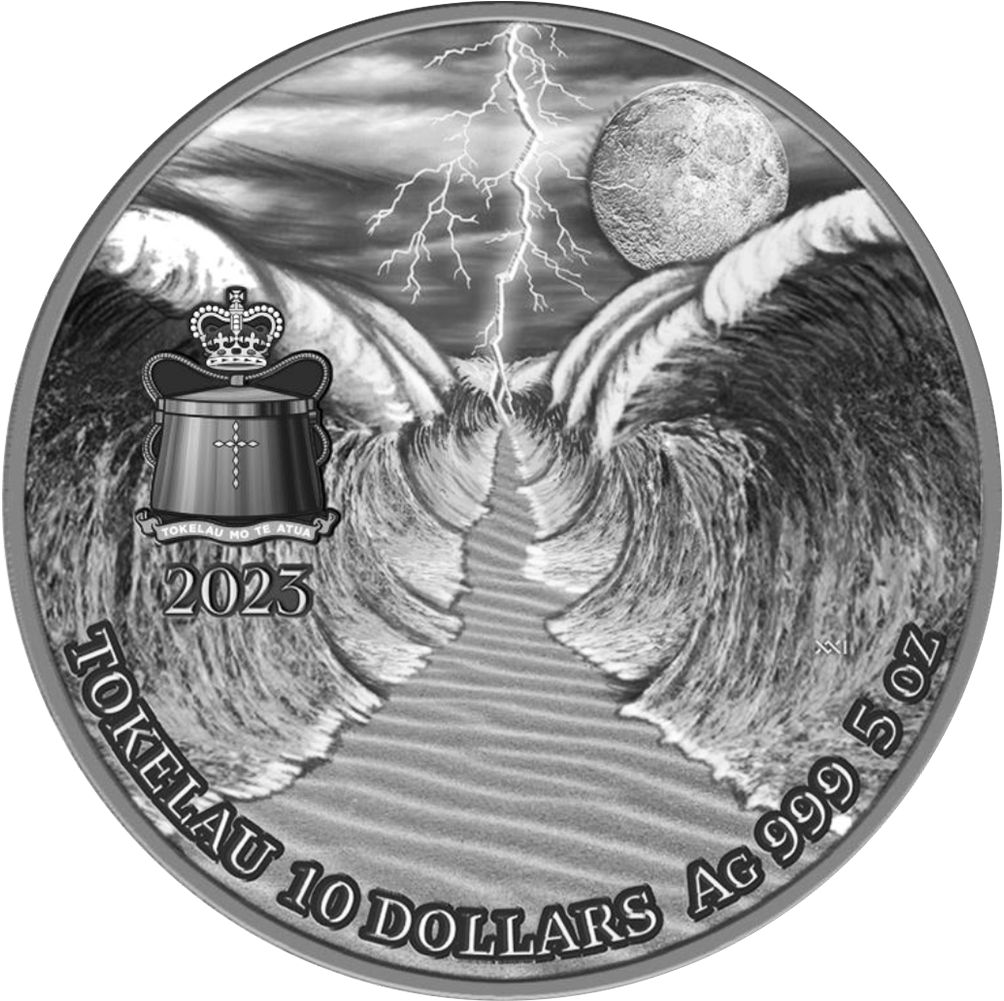 The obverse side of a 2023 Tokelau $10 "The Exodus" 5 oz antiqued silver coin. The entirely uncoloured, high-relief engraving dramatically details massive, churning ocean waves splitting apart to represent the parting of the Red Sea. Inscriptions for "TOKELAU", "10 DOLLARS", and "Ag 999 5 Oz" are finely stamped along the edge.