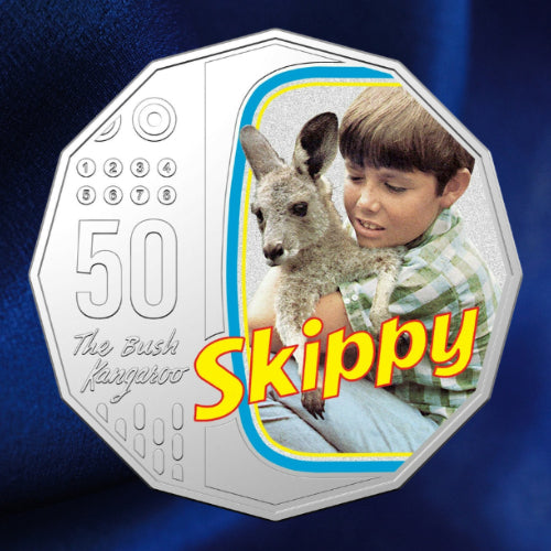 Reverse close-up: Australia 2020 Skippy coloured 50-cent coin showing Sonny Hammond holding Skippy within a television-shaped frame and the yellow Skippy logo.