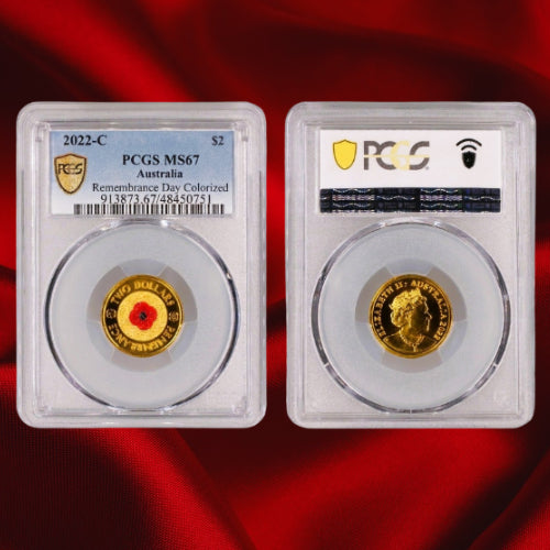Both sides: Front and back views of the Australia 2022-C red poppy $2 coin in its PCGS MS67 holder on red satin.