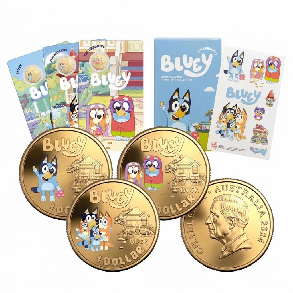 Australia 2024 Bluey Dollarbucks coloured $1 three-coin set showing Bluey, the Heelers, the Grannies and King Charles III, with cards, envelope and sticker sheet.