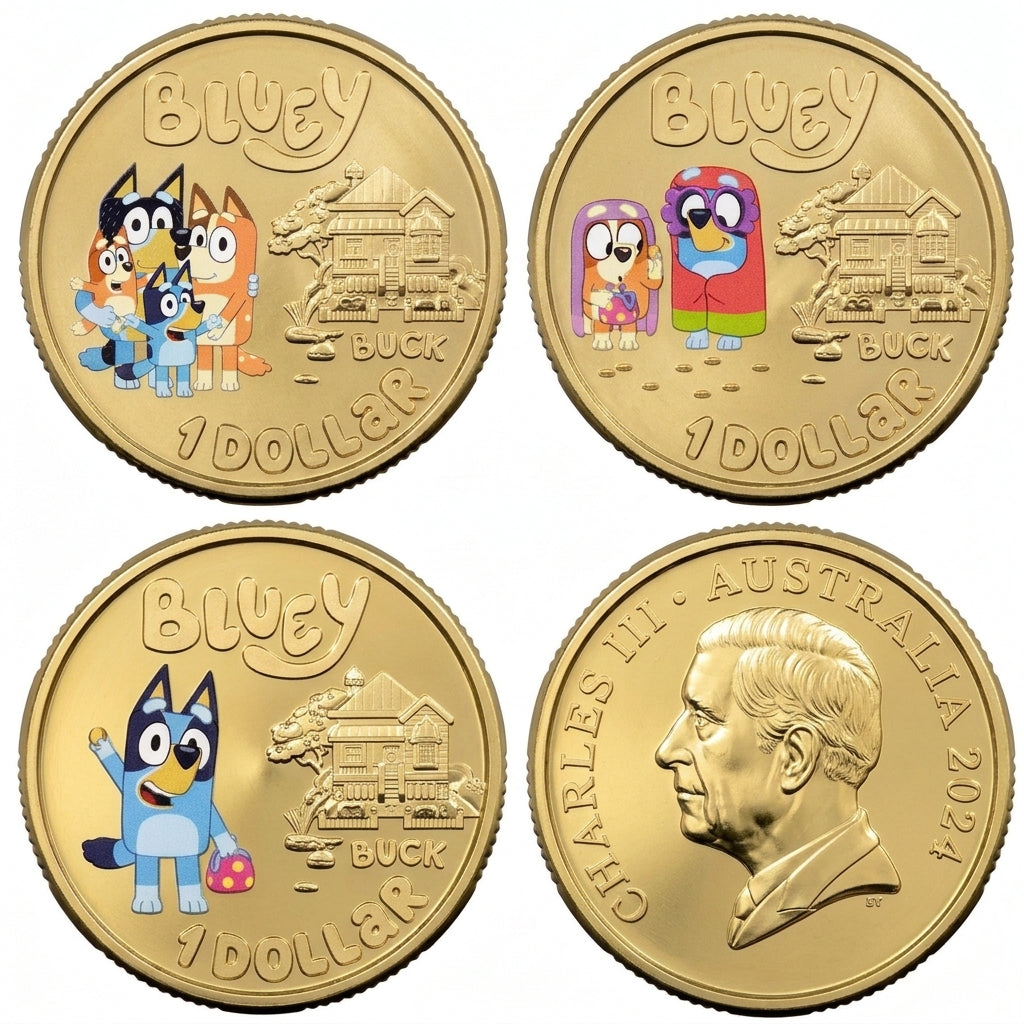 Australia 2024 Bluey Dollarbucks three-coin set showing coloured Bluey, Heelers and Grannies reverses alongside the King Charles III obverse.