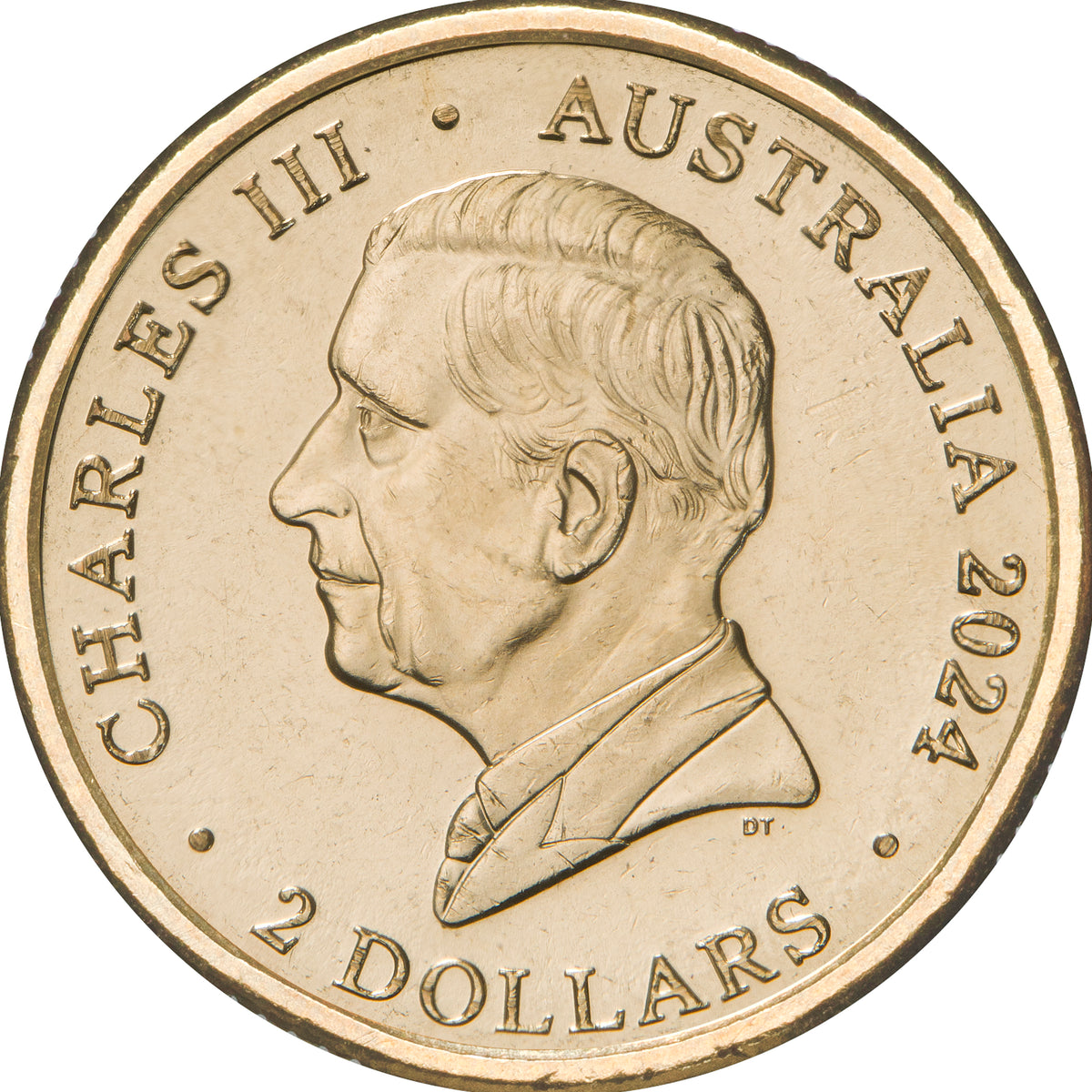 Obverse of Australia’s 2024 $2 War Animals coin, featuring King Charles III and the inscriptions Australia 2024 and 2 Dollars.