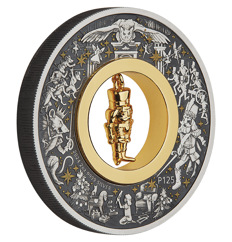 Close angled reverse of the Christmas Nutcracker coin showing festive relief, P125 mintmark and gold-plated figurine