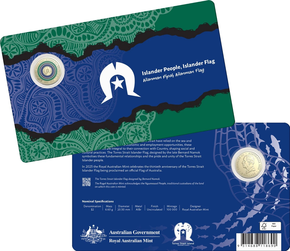 Card with a coin featuring the Torres Strait Islander flag design, issued by the Australian Government Royal Australian Mint.