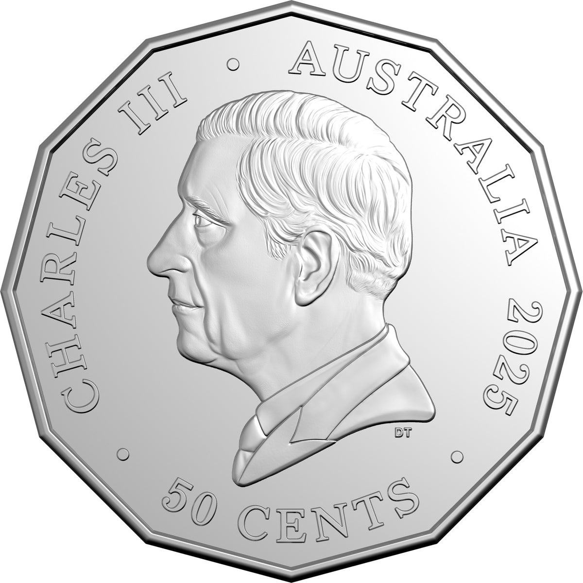 Silver coin with a portrait of Charles III and text 'Australia 2023' on a white background