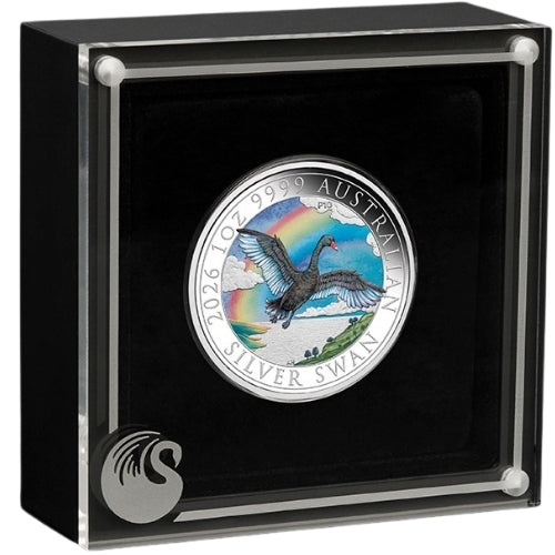 Display case: 2026 Australian Swan coloured silver coin in a black display case with a clear front and swan emblem.