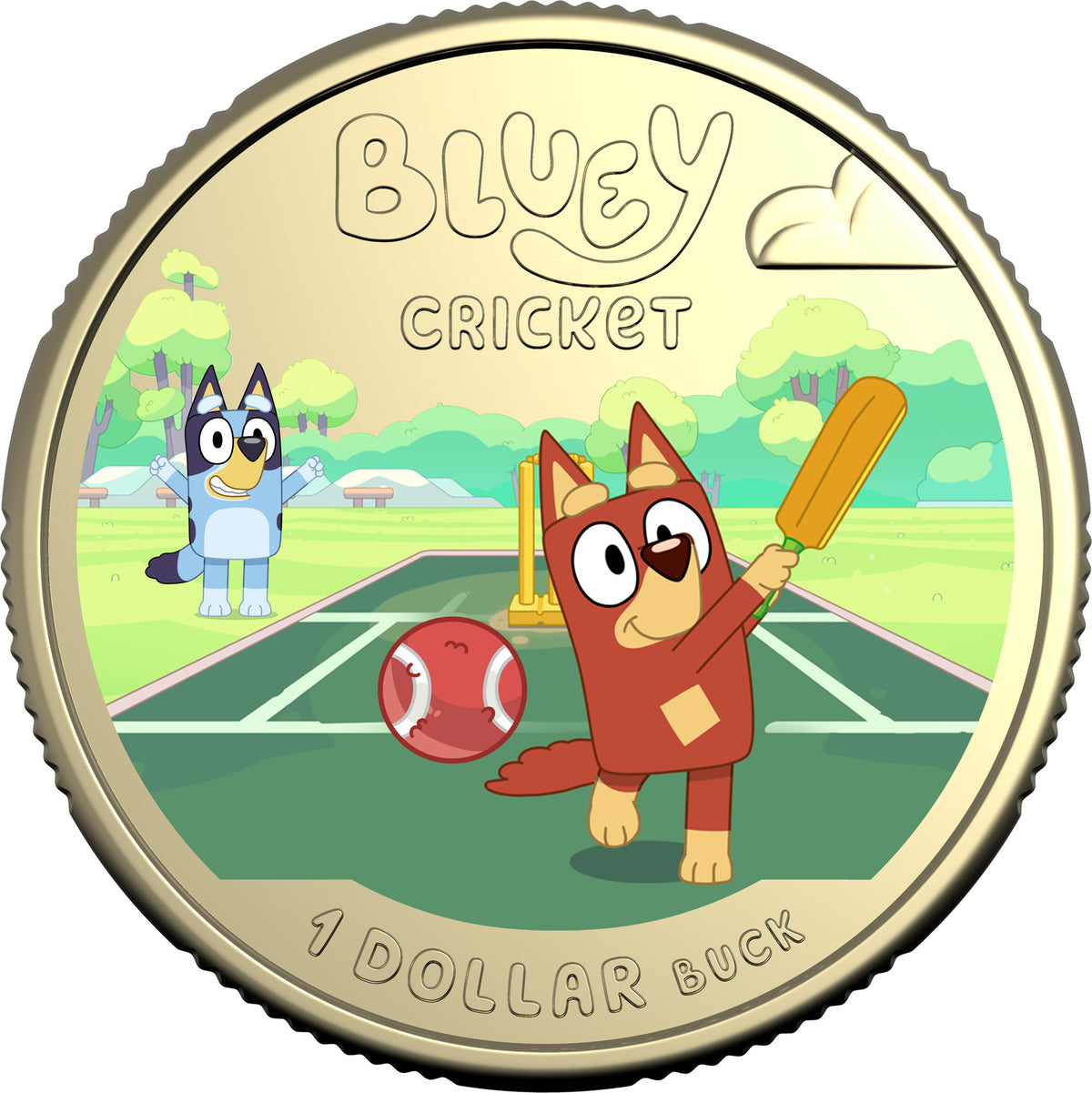 Reverse: Australia 2027 Bluey Cricket coloured $1 coin showing Rusty batting, a red cricket ball and Bluey cheering beside the pitch.