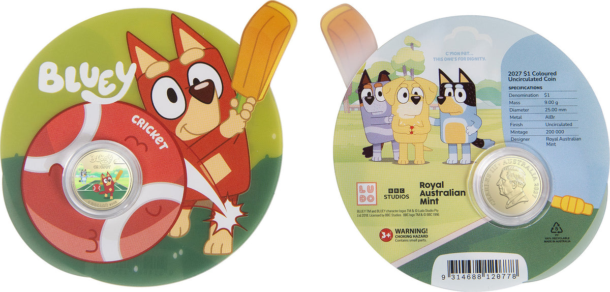 Presentation card, front and back: Bluey Cricket 2027 $1 coin in a capsule and illustrated cricket-ball-shaped card, featuring Rusty with a bat on the front and characters and specifications on the back.