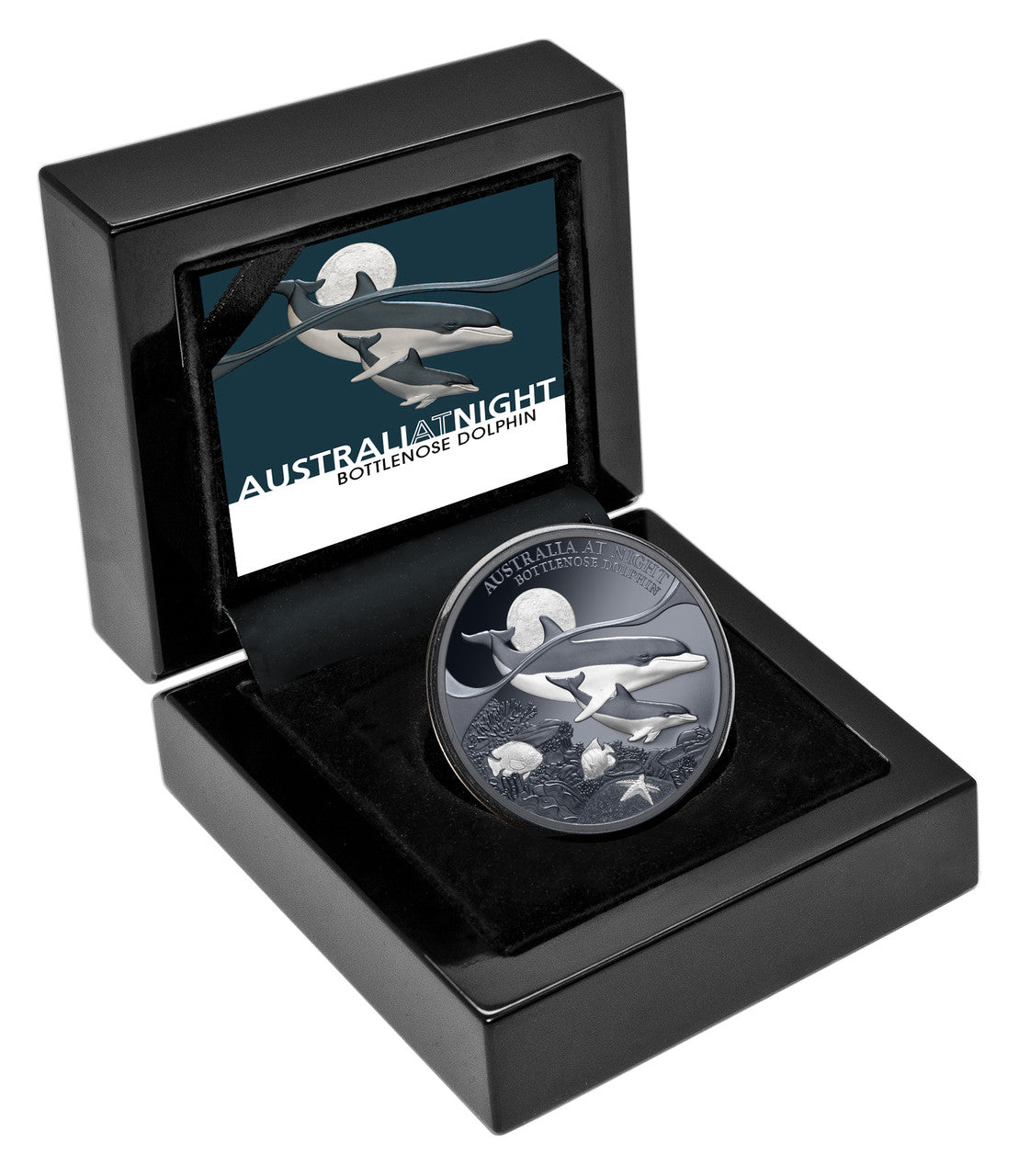Australia at Night Bottlenose Dolphin silver coin displayed in its open timber presentation case