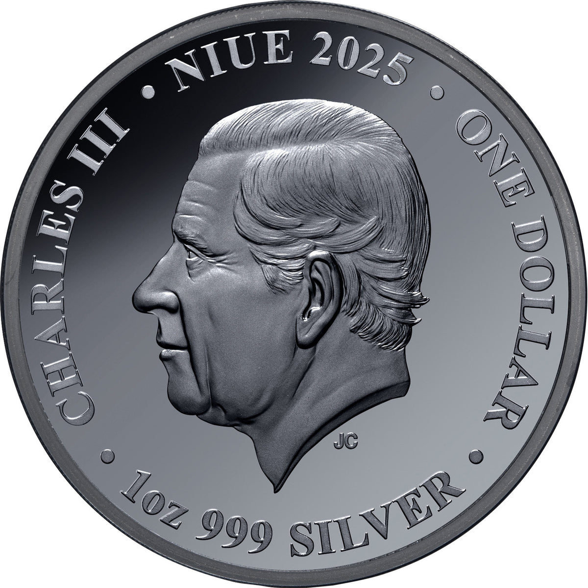King Charles III portrait on the obverse of the Niue 2025 one dollar 1oz silver Black Proof coin