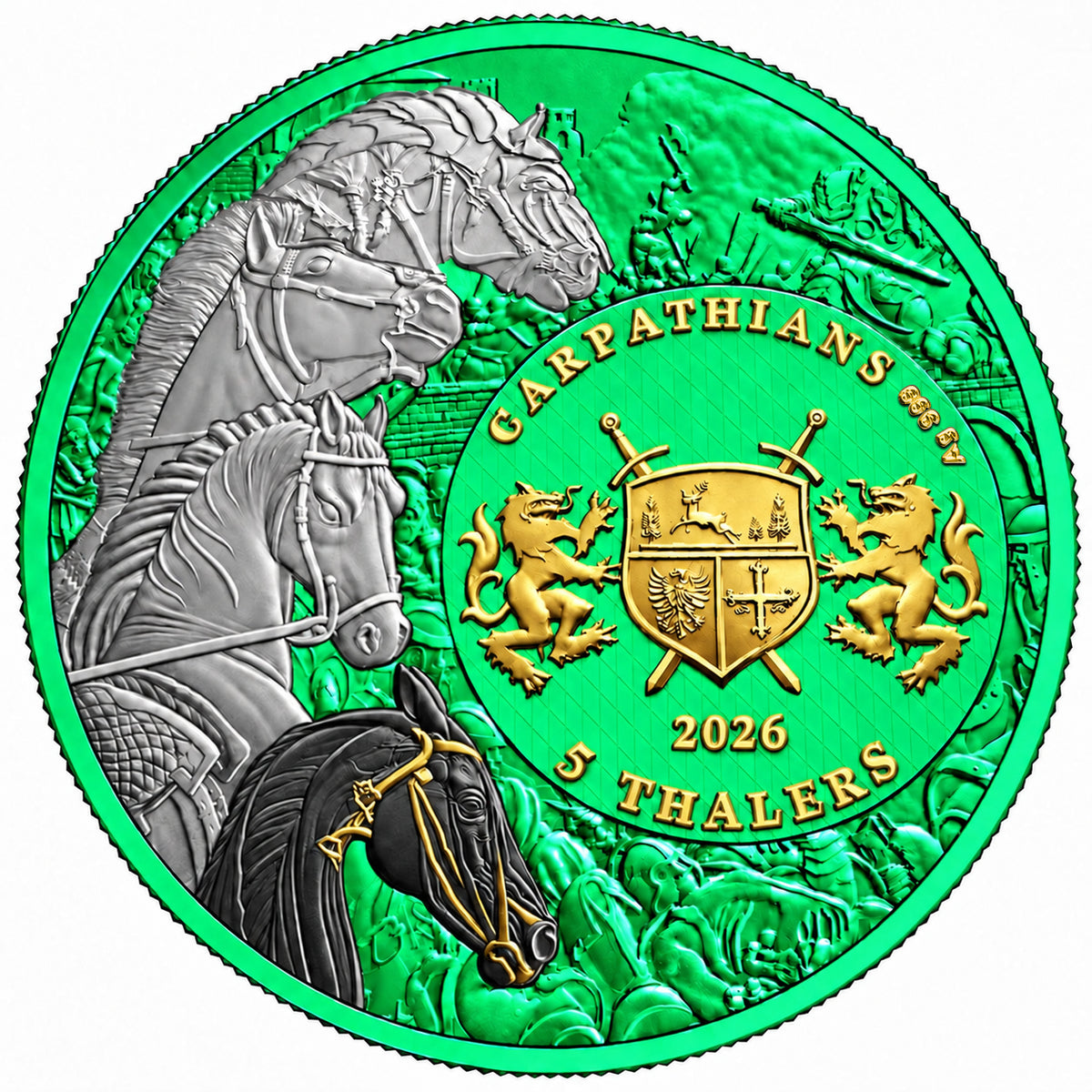 PRE-ORDER Carpathian Mint 2026 5 Thalers Four Horsemen of the Apocalypse Black Horse – Space Green 1 oz .999 Silver Coin