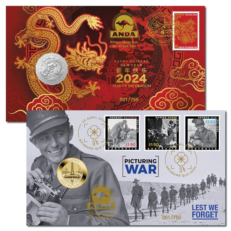 Australia ANDA Brisbane Money Expo 2024 Perth Mint ANZAC $1 & 2024 Lunar Dragon 50c Stamp & Coin Cover Matching Numbers ANDA Overprint 750 Made